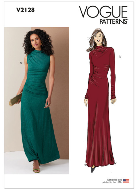 Vogue Patterns V2128 | Misses' Knit Dress with Ruching and Sleeve Variations | Front of Envelope