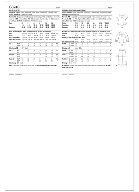 Simplicity S3240 | Simplicity Sewing Pattern Misses' Sleep Set | Back of Envelope